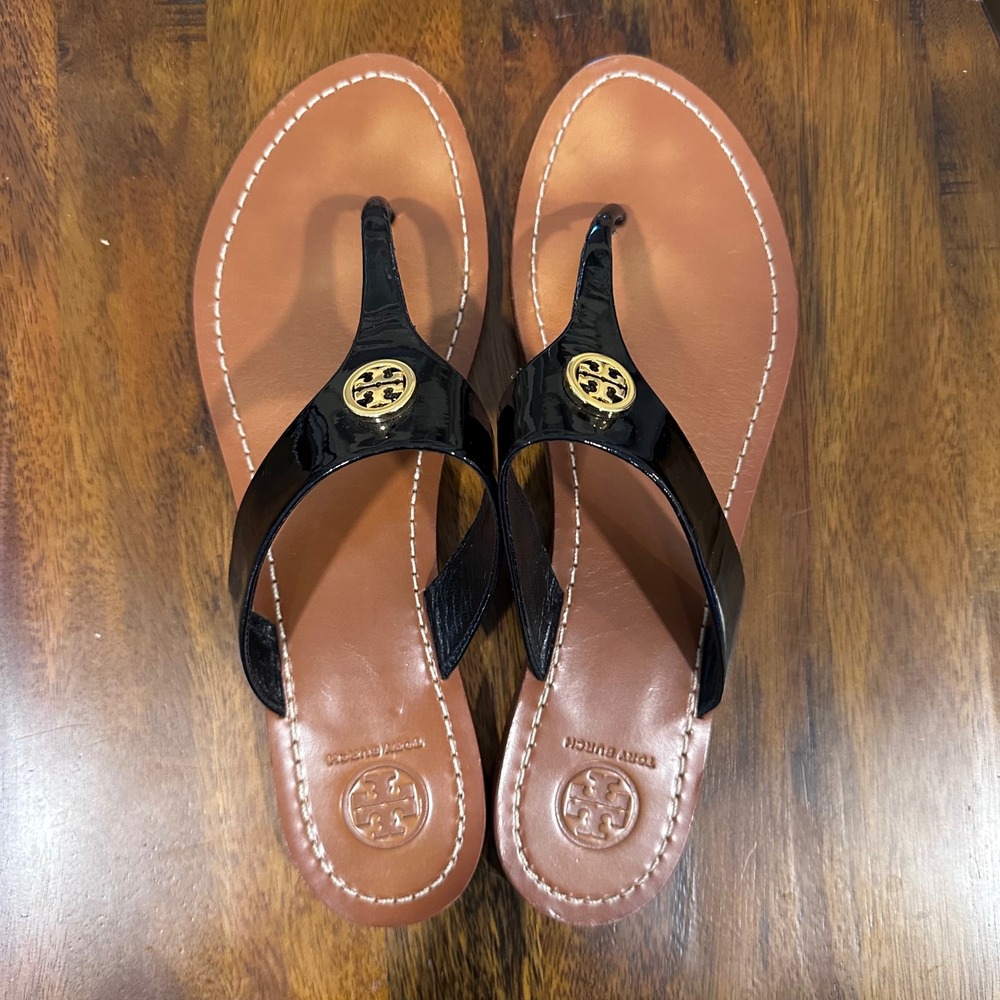 Tory Burch Miller Sandals Women Black Patent Leather Logo Thong Flat Luxury 10M